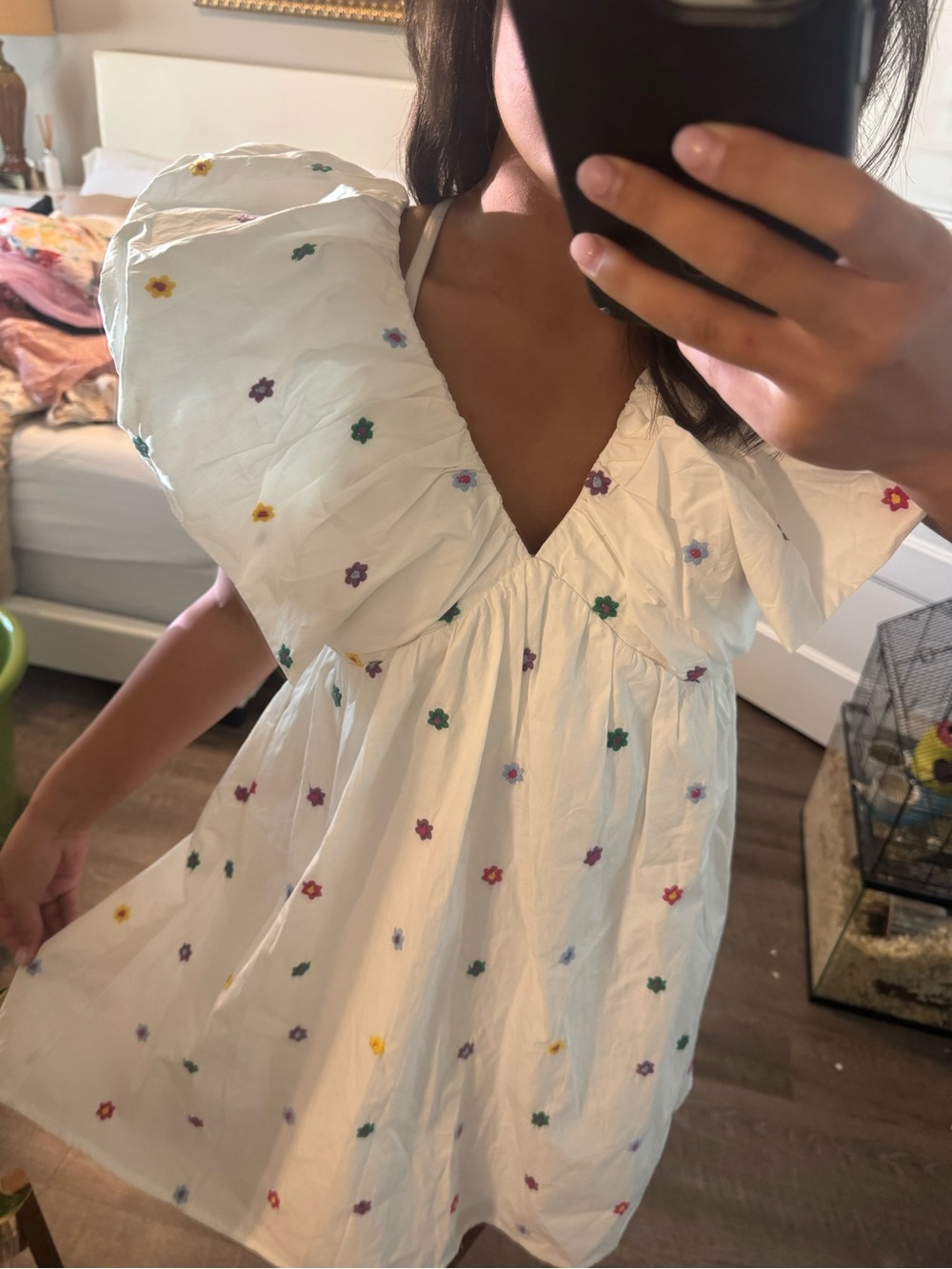 White Mini Dress with Multicolor Floral Embroidery